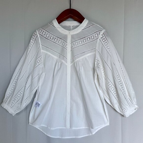 Maye The Fleur Cotton White Eyelet Embroidered 3/4 Ballon Sleeve Blouse Small - Picture 10 of 14